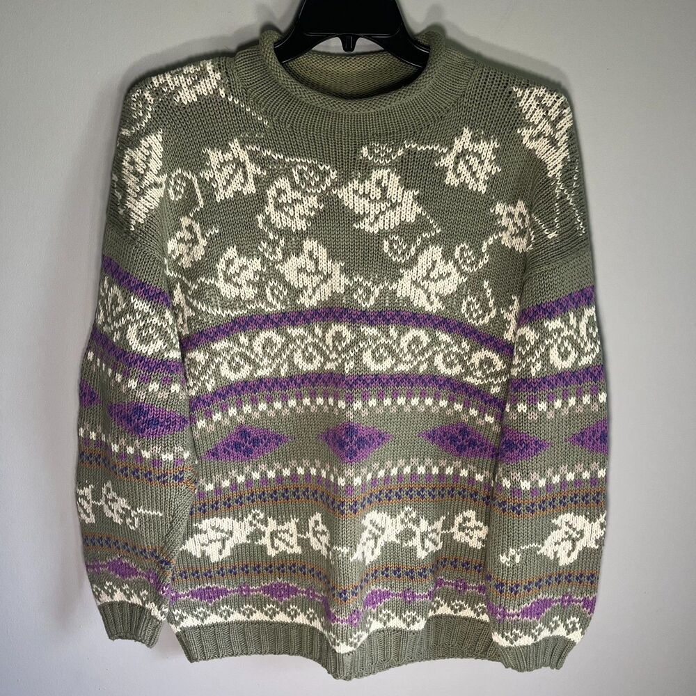 VTG Nomadic Traders Sweater Heavy Chunky Knit Medium Green Peru Cottagecore Leaf